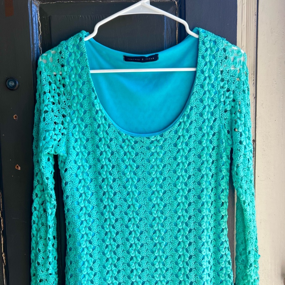 Women's Teal Crochet Long-Sleeve Dress